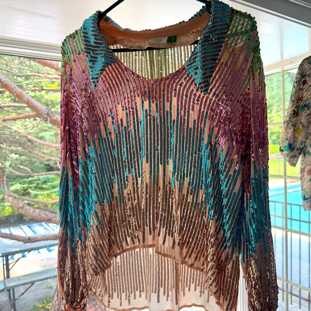RIXO Multicolor Rainbow Sequin Top